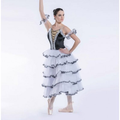 Adult Children'S Hall Quixote Black And White Ballet Cape Dresses, 5-Layer Cake Ballo Skirt